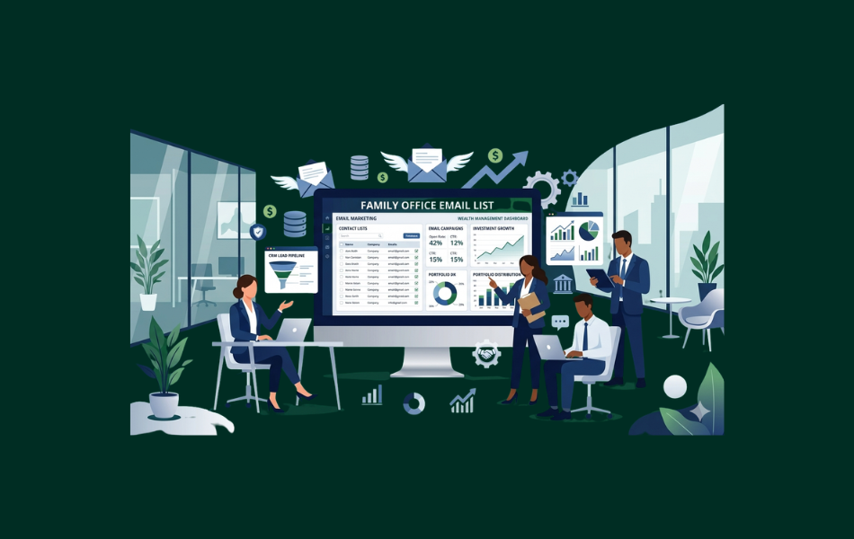 Family office database dashboard with professionals analyzing email list and financial data