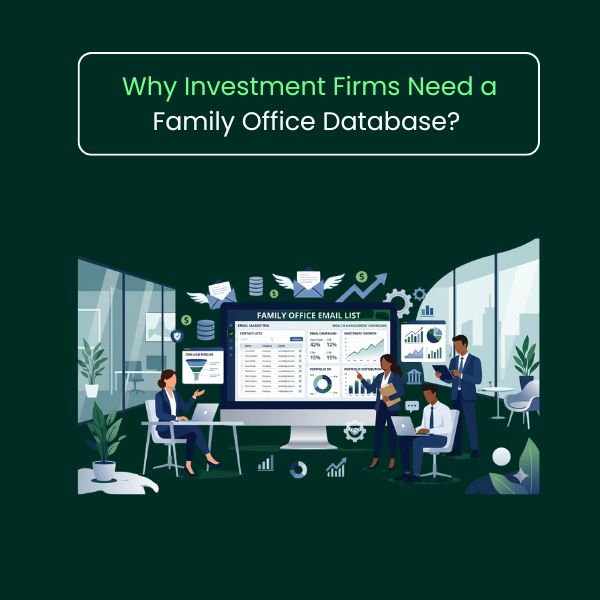 Family office mailing list dashboard with professionals managing contacts and email data