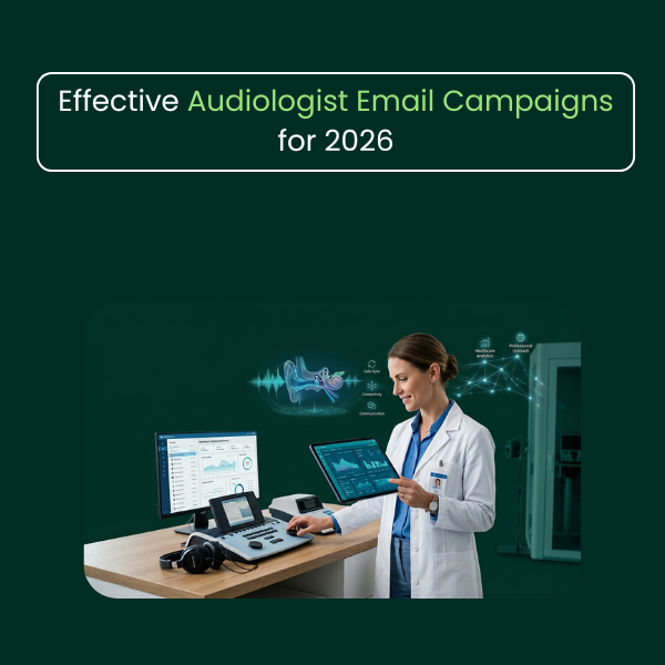 Professional hearing care specialist working with patient records and audiology technology in a contemporary clinic, symbolizing targeted healthcare marketing, audience engagement, and professional networking.