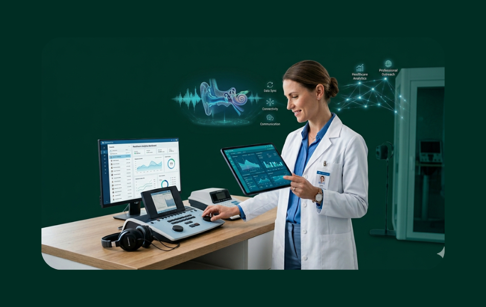Modern audiologist using advanced hearing diagnostic equipment and digital healthcare technology in a professional clinic environment, representing data-driven healthcare outreach and business communication.
