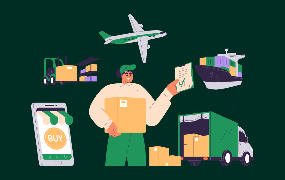 Global supply chain and logistics network showing cargo ships, freight trucks, cargo aircraft, smart warehouses, distribution centers, shipping containers, AI-powered logistics systems, inventory tracking, procurement operations, and digital transportation technology connected across international trade routes, representing global supply chain and logistics trends in 2026, logistics automation, warehouse modernization, freight management, supply chain visibility, and worldwide commerce.